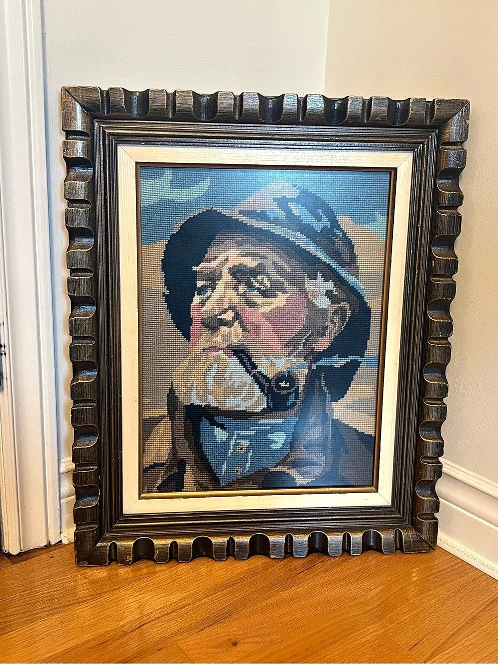 Vintage Needlepoint Fisherman Portrait - Picture 2 of 5